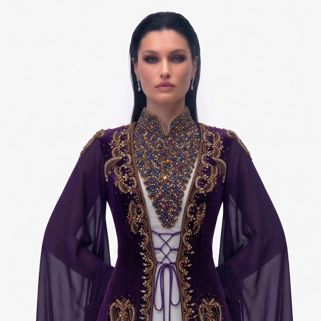 Göğüsü Yoğun Taş İşlemeli Mor Kaftan - Nur Gelinlik Bursa